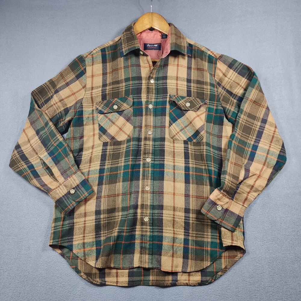 Arrow Sportswear Mens Shirt Medium Green Tan Plaid Woodsman Utility Vtg 70s 80s